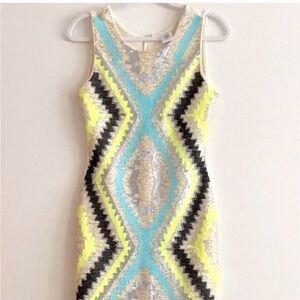 English Rose Chevron sequined Mini Dress in Blue, neon Yellow, and Black